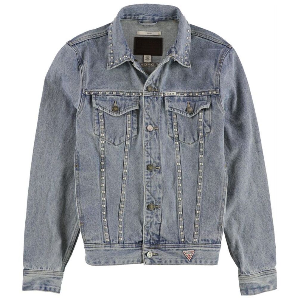 GUESS Mens Dilon Studded Denim Jean Jacket, Blue, M, DM